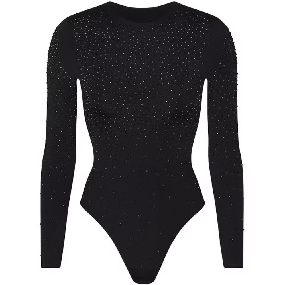 SKIMS X SWAROVSKI JELLY SHEER LONG SLEEVE CREW NECK BODYSUIT ONYX MEDIUM